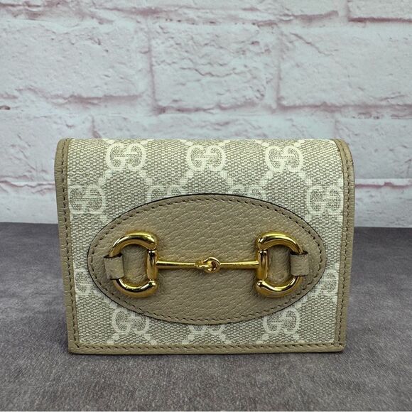 Gucci Horsebit Beige Oatmeal Gold Card Holder Wallet 621887 - Picture 2 of 16